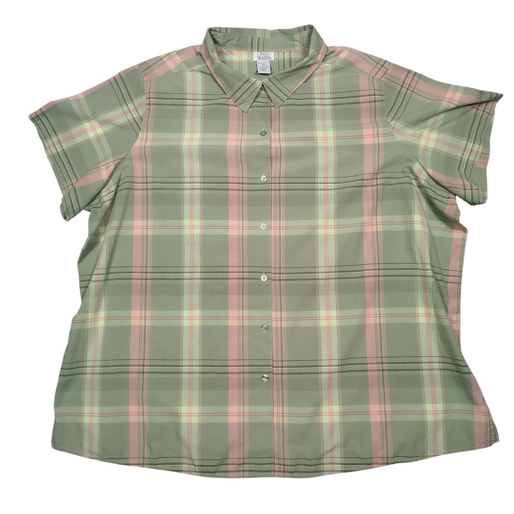 Only Necessities Button Down Womens 3X Plaid Green Pink Short Sleeve Top 0935